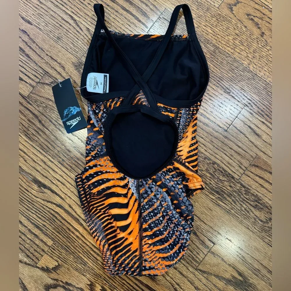 NWT New SPEEDO Coded Riff Flyback Racing Swimsuit Black Orange Print 24 Girl 8